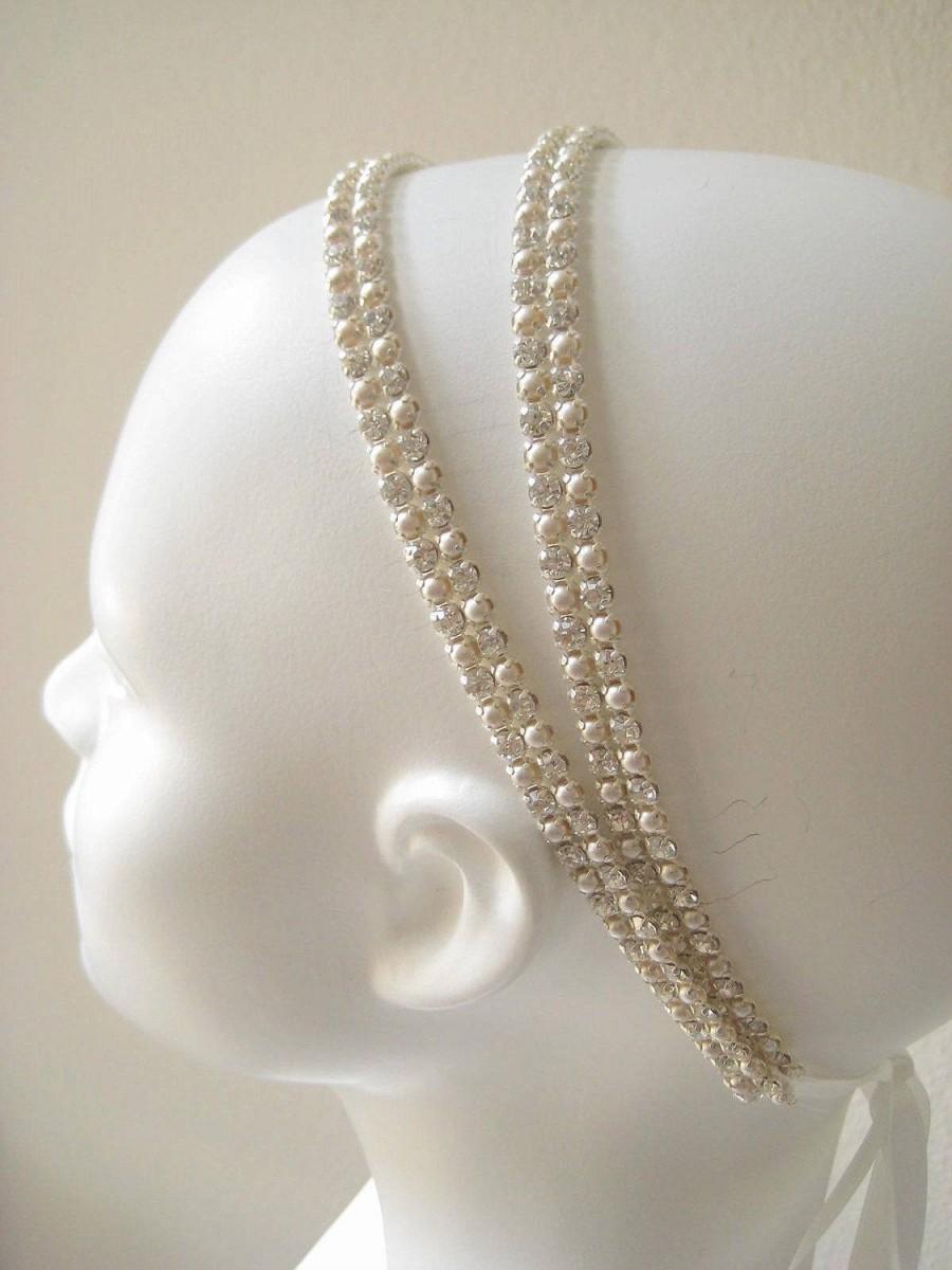 زفاف - Bridal beaded Czechoslovakia crystal/ivory pearl headband. Rhinestone wedding headpiece.  CREAM & SPARKLE