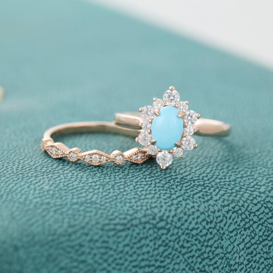 Hochzeit - 2PCS  Oval cut Turquoise vintage engagement ring set  Unique  Cluster Moissanite Bridal Promise Anniversary Gift for women