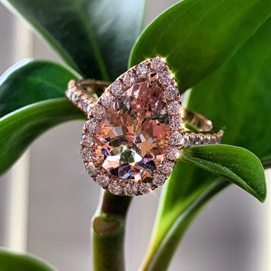 زفاف - Morganite Engagement Ring, Pear Morganite ring, 14K Rose Gold Morganite and Diamond Halo Ring Pear Shape Art Deco Antique