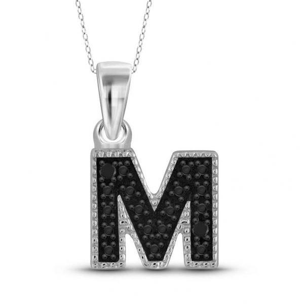 Hochzeit - Accent “M” Initial Black Diamond 0.6ct Pendant White Gold