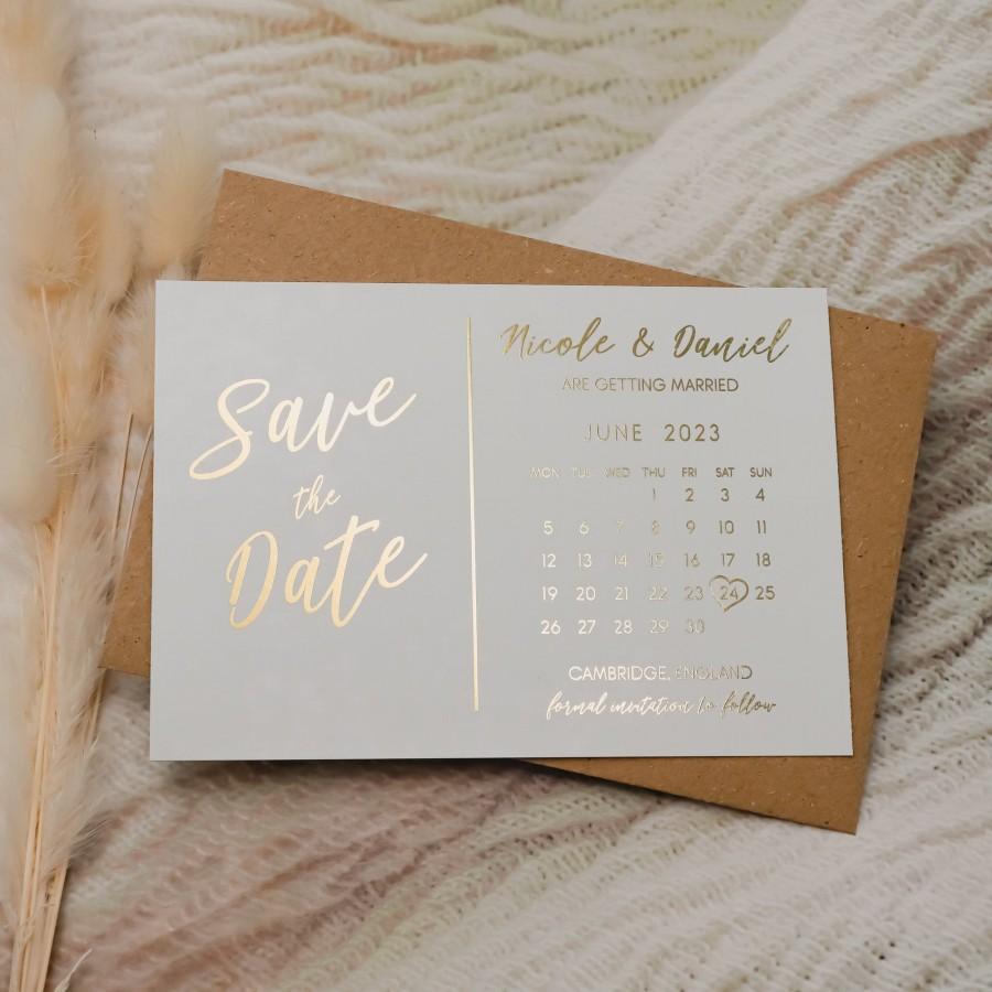 Hochzeit - Foil Save the Date Calendar Cards, Modern Wedding Invites Invitations, (Gold, Rose Gold, Silver Foil) Custom Save the Dates - FREE Envelopes