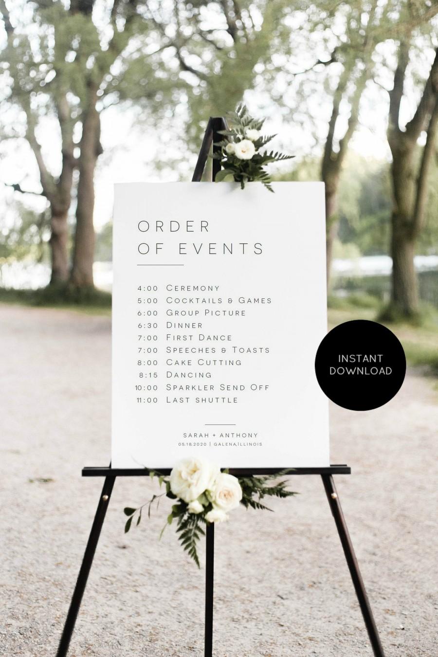 Mariage - Wedding Order of Events Poster, Modern Wedding Poster Template, Order of Events Sign, 18x24" & 24x36", Edit with TEMPLETT, WLP-MIN 1909