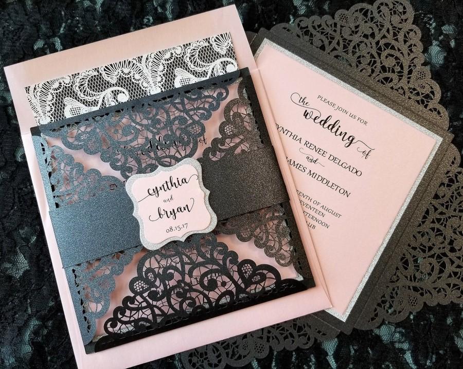 Hochzeit - Glitter & Lace Wedding Invitation,  Laser Cut Wedding Invitation,  Black and Pink Wedding Invitation