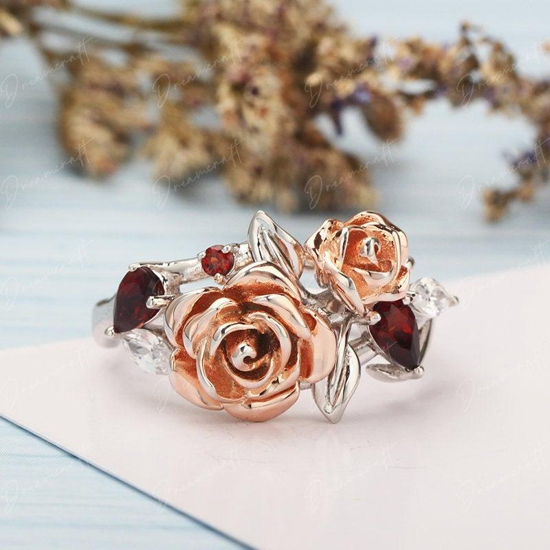 زفاف - Natural Garnet Beauty and the Beast Rose Flower Engagement Ring 925 Sterling Silver 14K Gold Romantic Wedding Ring Promise Ring For Women