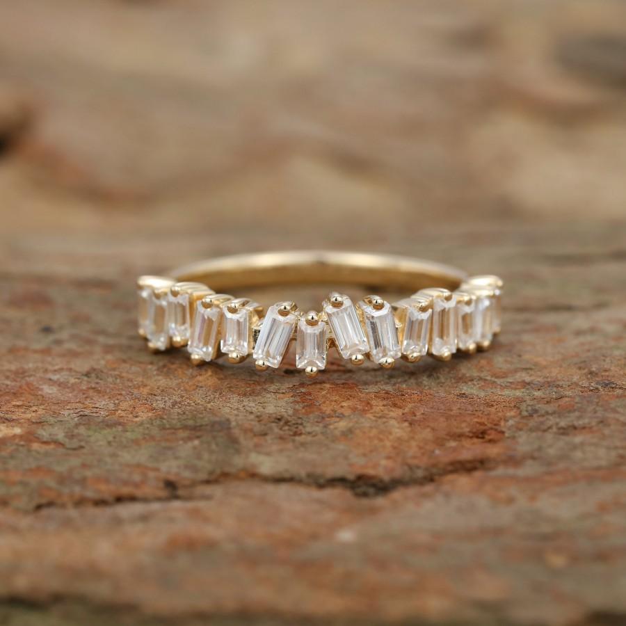 Wedding - Baguette wedding band vintage yellow gold half Eternity moissanite matching wedding band women bridal Anniversary promise Day Gift for her