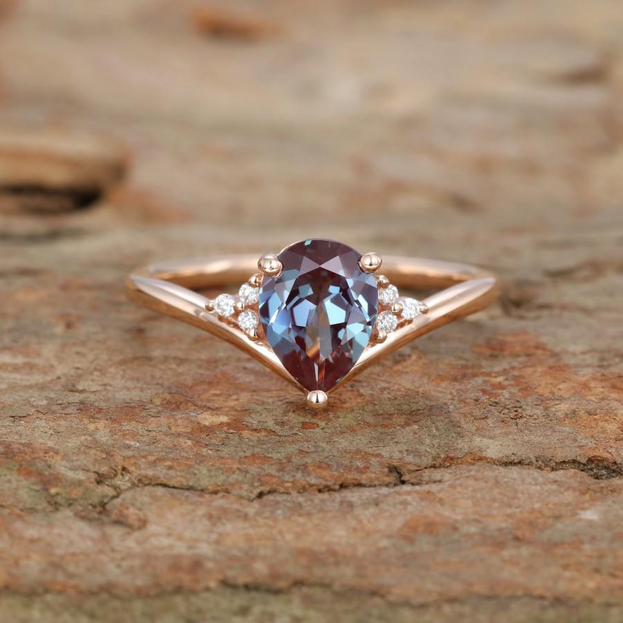 Wedding - Pear shaped Rose gold Engagement Ring Vintage Alexandrite Engagement Ring cluster diamond Wedding ring Anniversary promise Day Gift for her