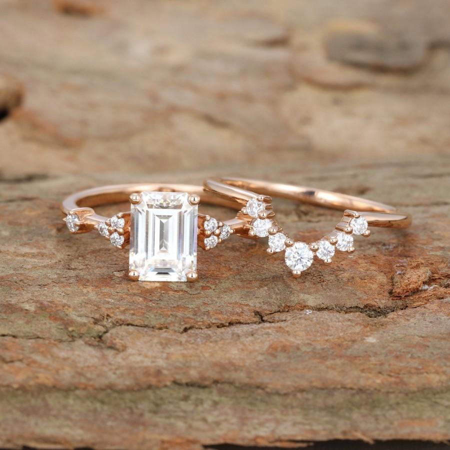 Свадьба - Emerald cut Moissanite Engagement Ring set Rose gold Engagement Ring curve diamond Wedding ring Vintage Anniversary promise Gift for her