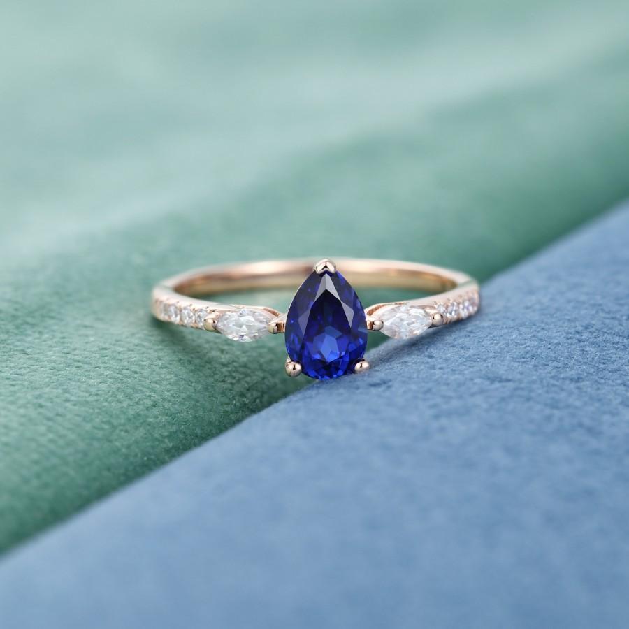Свадьба - Lab Sapphire engagement ring for women pear shaped engagement ring moissanite rose gold vintage diamond three stone Bridal anniversary gift