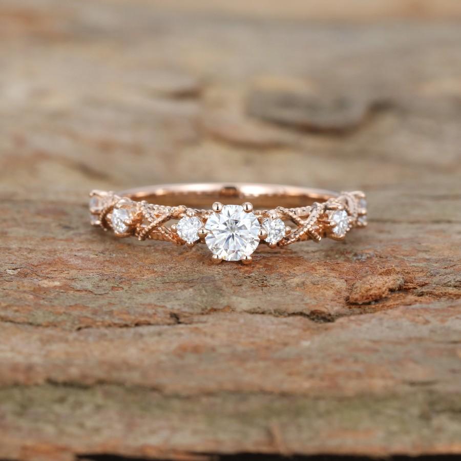 Wedding - Vintage Moissanite Engagement Ring Rose gold art deco Engagement Ring Vintage miligrain diamond Wedding ring Anniversary promise Day Gift