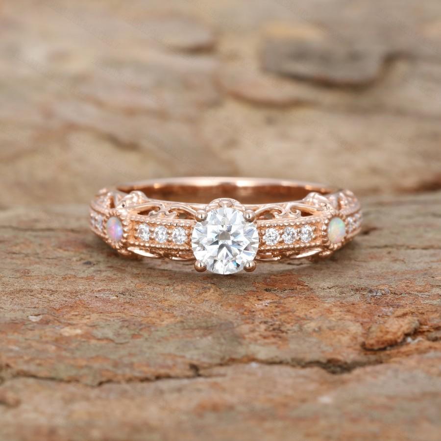Mariage - Vintage moissanite Engagement ring Rose gold Opal engagement ring for women diamond Half eternity ring Bridal antique Promise gift for her