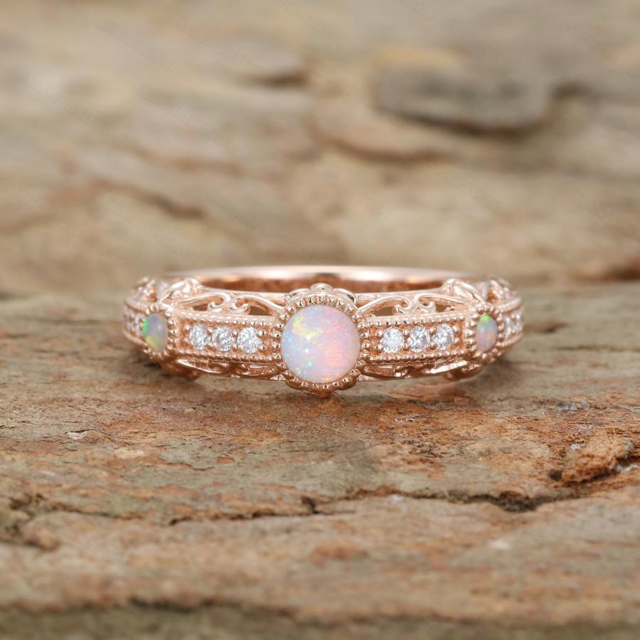 زفاف - Vintage Opal Engagement ring  Half eternity Moissanite engagement ring for women Rose gold diamond ring Bridal antique Promise gift for her