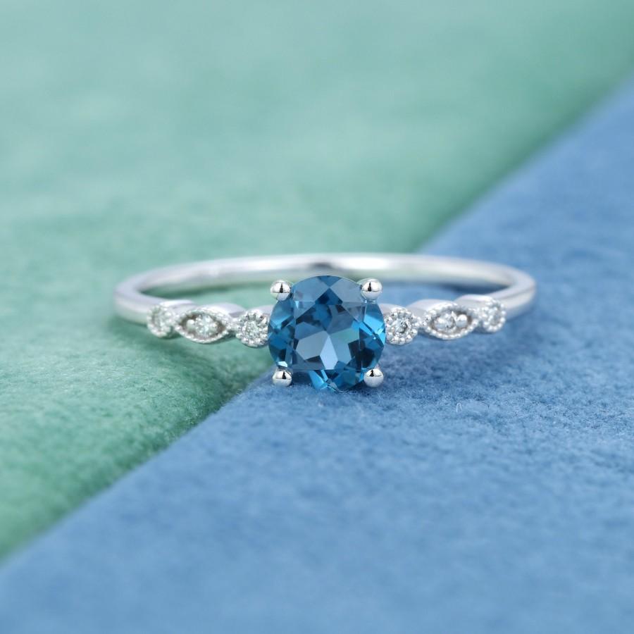 Mariage - White gold London blue topaz engagement ring Unique engagement ring miligrain vintage engagement ring Diamond wedding ring Anniversary gift
