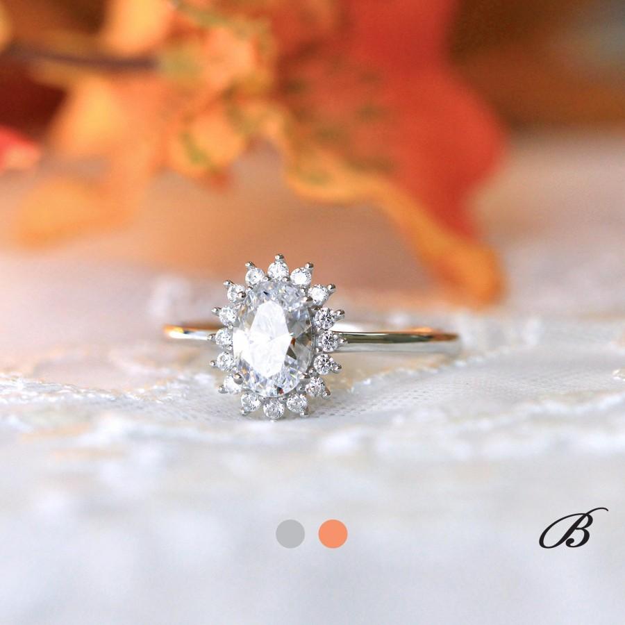 Hochzeit - 1.06 cttw Oval Halo Engagement Ring Oval Cut Diamond Simulant Bridal Ring Wedding Ring [6554]