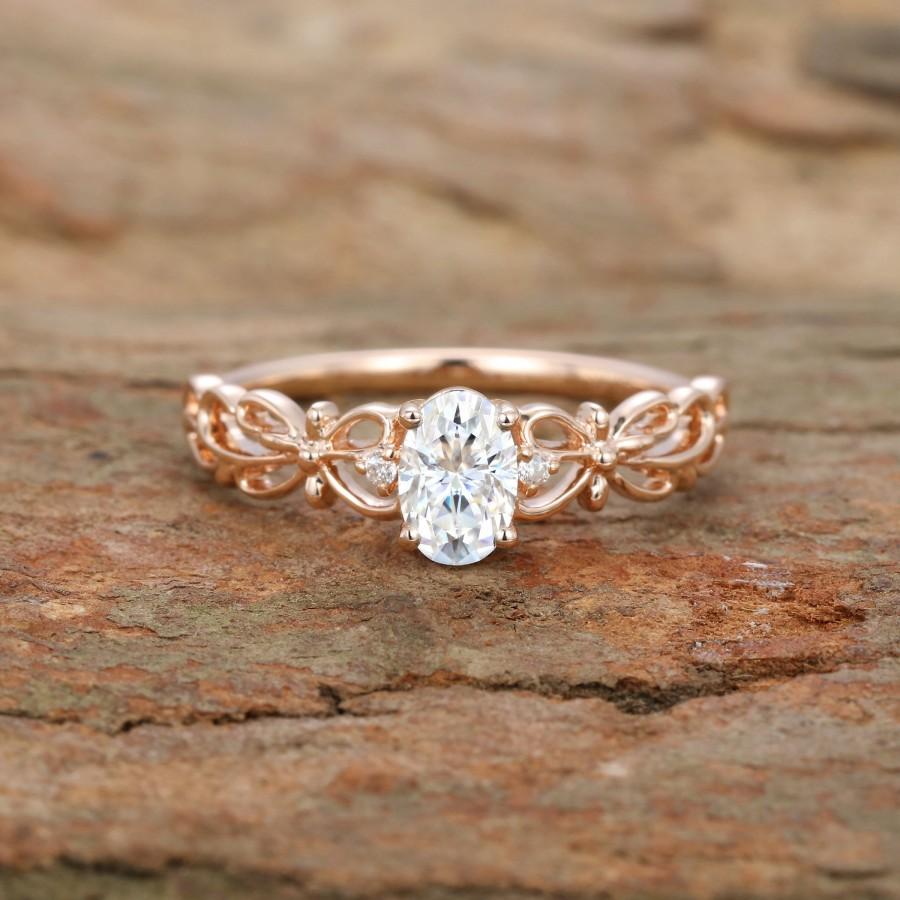 زفاف - Forever one Moissanite Engagement Ring Vintage art deco oval cut rose gold engagement ring Diamond Wedding Bridal Anniversary Gift for women