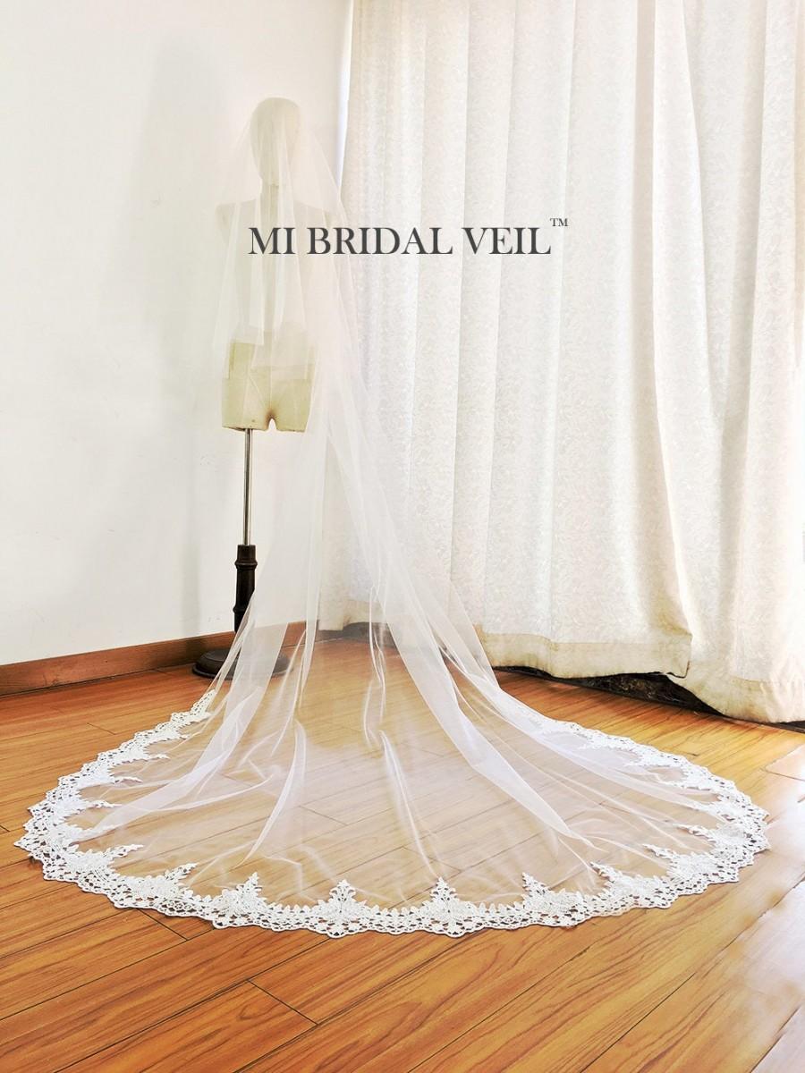 Wedding - Cathedral Wedding Veil, Lace Wedding Veil with Blusher, Drop Veil Cathedral Lace Veil, Venice Lace Bridal Veil, Crochet Lace Veil, Mi Bridal