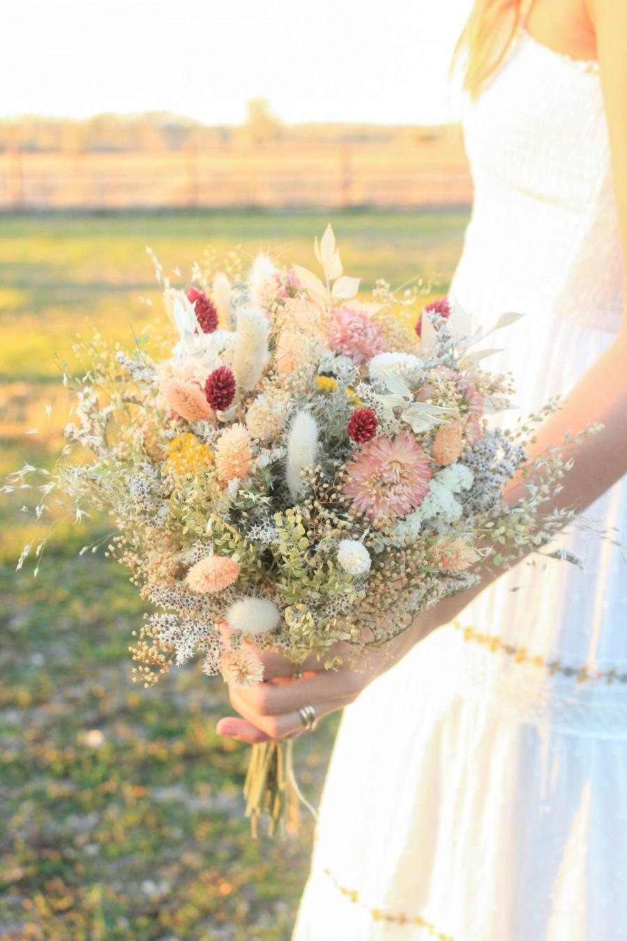 Hochzeit - Peach Dream Burgundy Dried Flowers Bouquet / Preserved Flowers Bouquet / Wedding Bridal bouquet / Natural Greenery Spring Bouquet