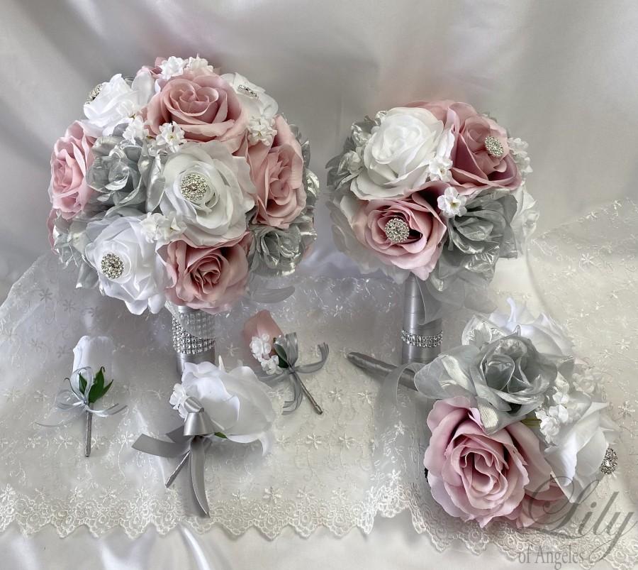Wedding - Wedding Bouquet, Bridal Bouquet, Bridesmaid Bouquet, 17 PIECE PACKAGE, Silk Flower, Wedding Flower, Silver, Dusty Pink, Lily of Angeles