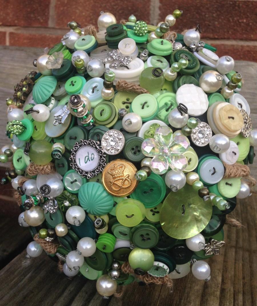 Hochzeit - Green button and brooch large bridal bouquet with vintage charms and finds