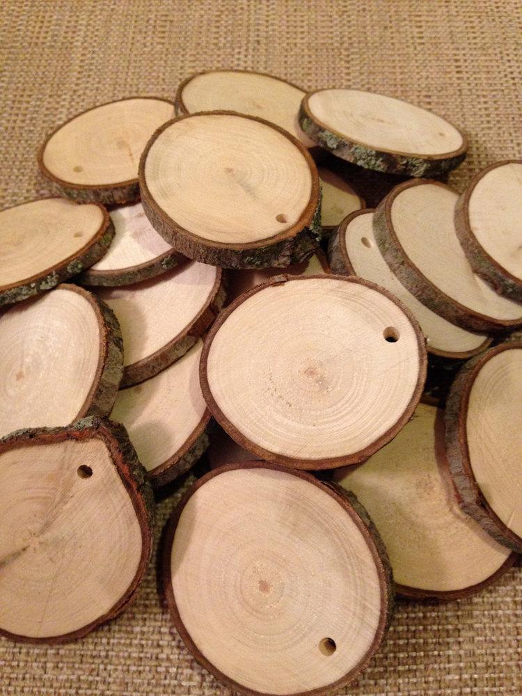 زفاف - 10 Drilled Wood slices 1.5"  to 2.5" - rustic/woodland wood slices for weddings, tags, favors, decor, crafts & more