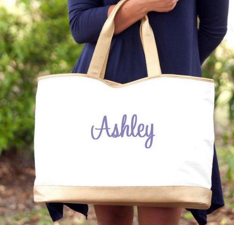 Wedding - Large Beach Bag Personalized Pool Towel Beach Totes with Gold Trim Mothers Day Gift Couples Honeymoon Monogram Pool Bags Gold Tote Bag