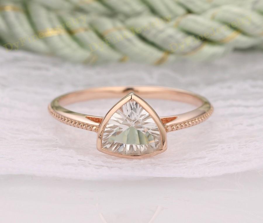 Hochzeit - Trillian Cut 7mm 1CT Moissanite Ring, Milgrain Art Deco Plain Gold Ring, 14k Rose Gold Engagement Ring, Promise Solitaire Moissanite Ring