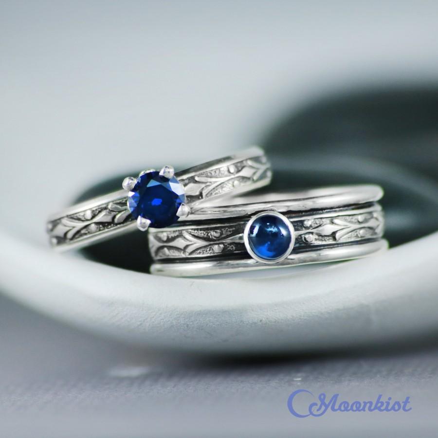 زفاف - Blue Sapphire Couple Rings, Sterling Silver Couple Promise Ring Set His and Hers 