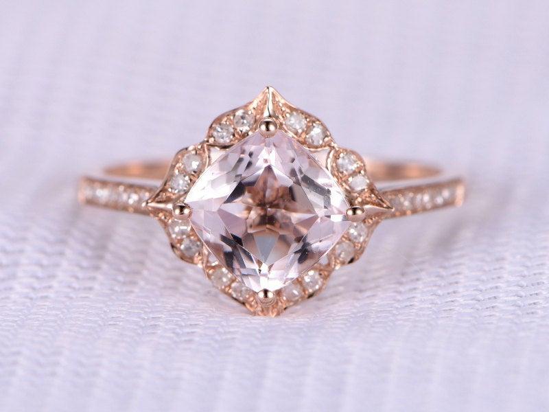 Wedding - 7mm Cushion Cut Morganite Engagement Ring Solid 14k Rose Gold Gemstone Diamond Wedding Band Bridal Ring Art Deco Retro Vintage Floral