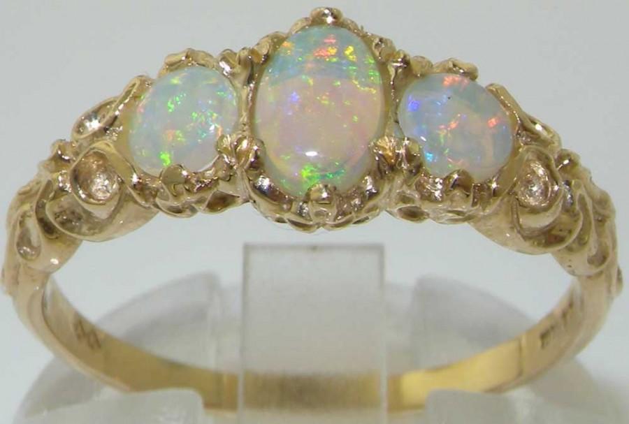 زفاف - Solid 14K Yellow Gold Natural Australian Opal Trilogy Ring, Victorian Inspired Trilogy Ring - Made in England