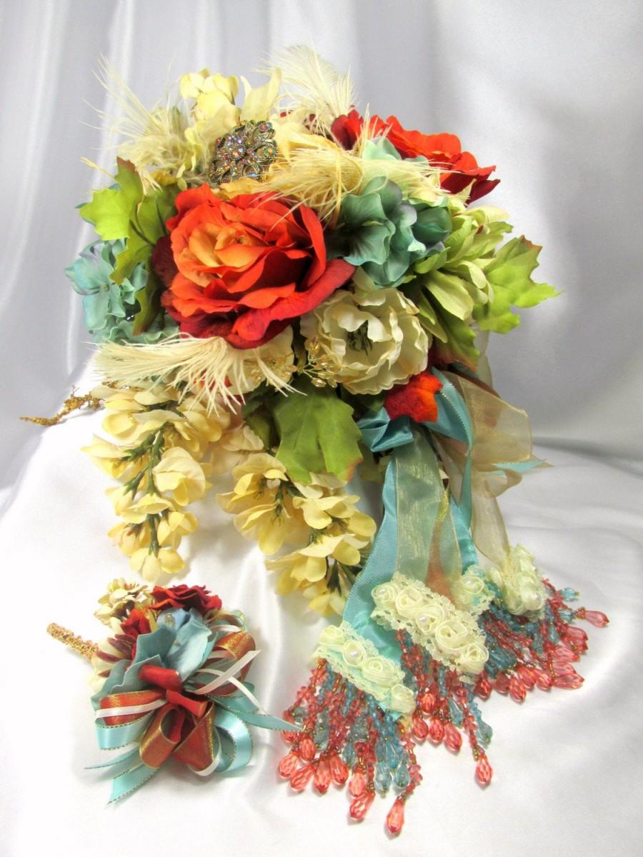 Hochzeit - Burnt Orange, Aqua  and Light Gold Bridal Cascading Brooch Bouquet and Boutonniere Set ready to ship