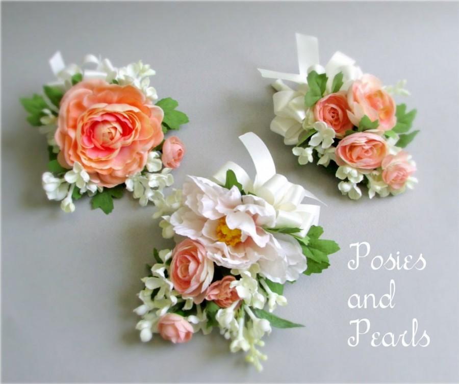 Wedding - Choice of Silk Flower Corsages, Pink, Peach, Ivory, and Green, with Mini Peony, Open Roses, Ranunculus, and Lilacs