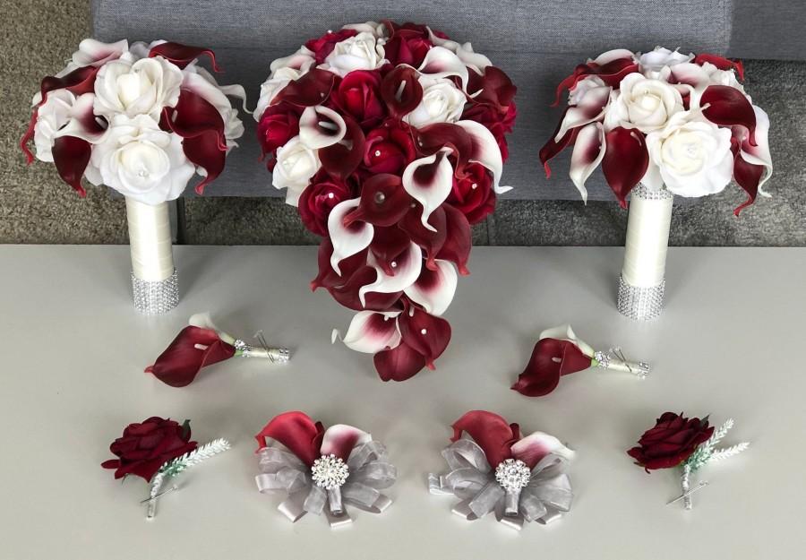 Mariage - Pricing In Description Deep Red Calla Lily Bouquet, Burgundy Bouquet, Real Touch Roses, Cranberry Calla Lily Bouquet, Red Bouquet, Winter W