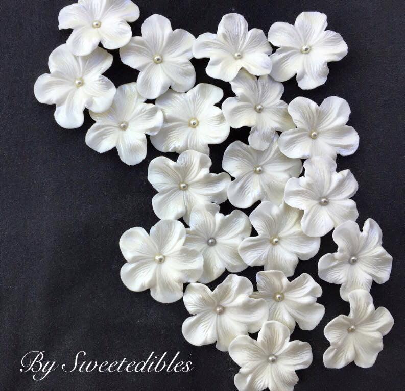 Wedding - White Gum Paste Flowers Edible Cake Decorations 25 piece SILVER Fondant