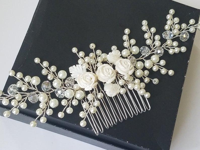 Mariage - Pearl Bridal Hair Comb, Wedding Ivory Pearl Headpiece, Pearl Floral Hairpiece, Pearl Hair Piece, Pearl Bridal Hair Jewelry, Hair Accessories