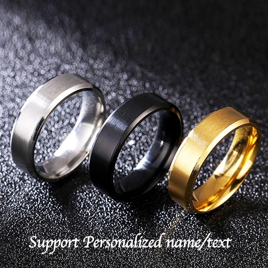 Hochzeit - Personalized Beveled Edge Titanium Ring,Custom Name Text Engraved Promise Ring,Brushed/High Polished Finish ,Men Women,Wedding Anniversary