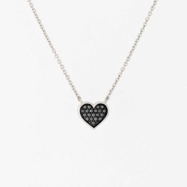 زفاف - 14K White Gold Black Diamond Micro Pave Heart Necklace
