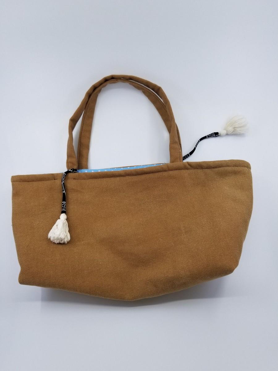 زفاف - Handmade Canvas Tote Bag, Brown Canvas Tote Bag, Blue And Brown Handbag, Polka Dot Pouch, White Tassel Handbag, Long Tote Bag, KirsaK