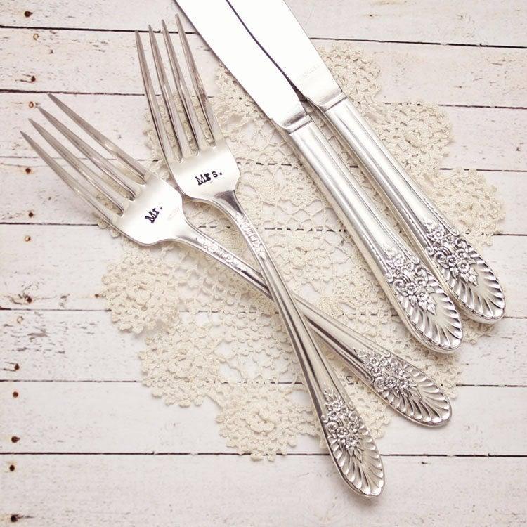 Mariage - Wedding Fork and Knife Set - Matching Pair - Custom Hand Stamped - Mr. Mrs. - His Hers - Bride Groom I Do  Me Too  Mine Yours  Husband Wife