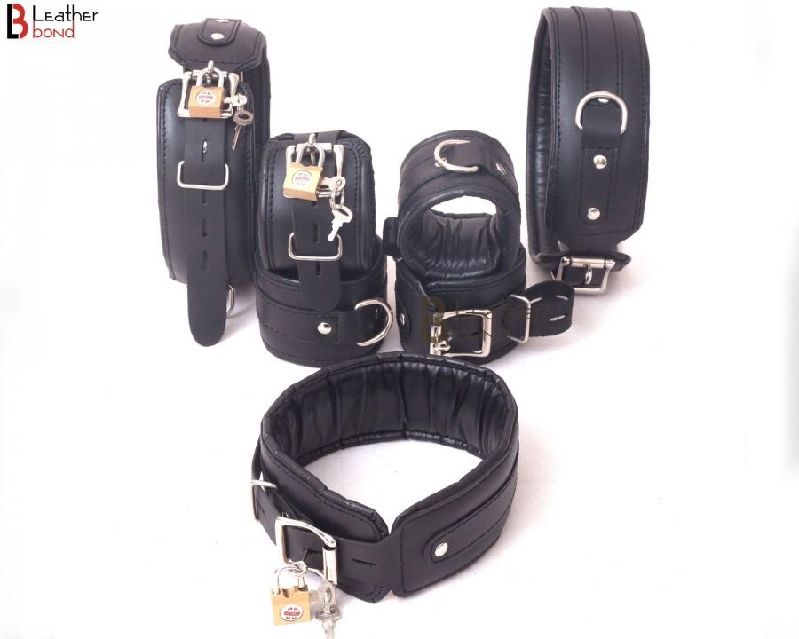 Hochzeit - Real Cow Leather Wrist, Ankle Thigh Cuffs Collar Restraint Bondage Set Black 7 Piece Padded Cuffs