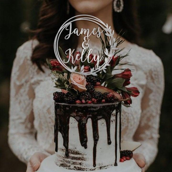 زفاف - Personalized Couple's Names Wedding Cake Topper / Wedding Cake Topper With Rustic Wreath / Custom Boho Floral Cake Topper - by TOA