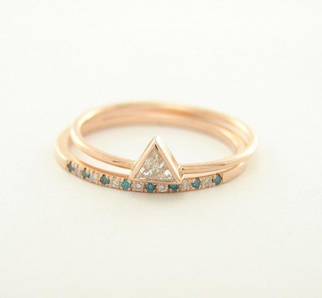 زفاف - Diamond Engagement Ring & Wedding Diamond Band - Diamond Wedding Set - White with Blue Diamond Rings - 14k Rose Gold Ring