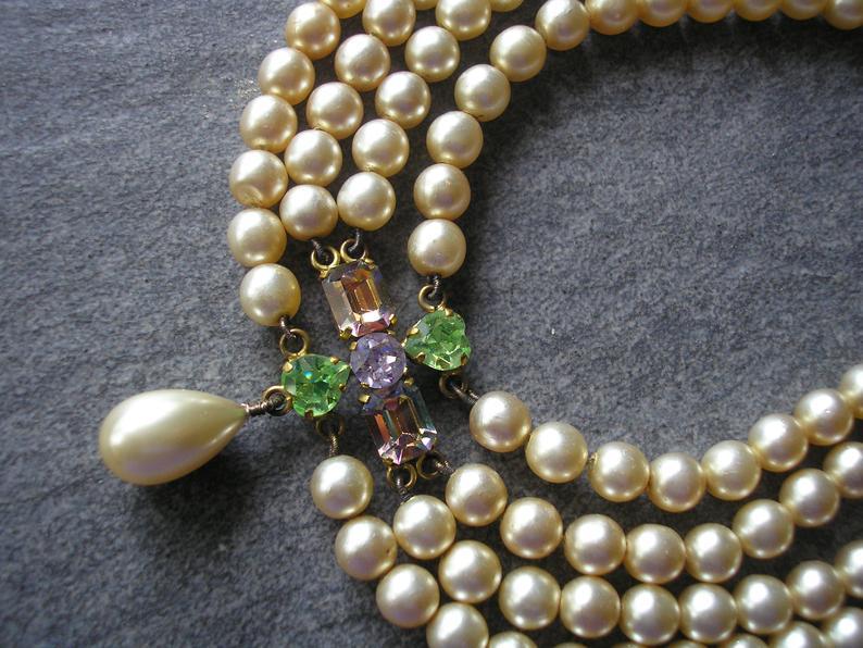 زفاف - 4 Strand Pearl Choker, Vintage Pearl Choker, Vintage Pearls, Amethyst, Peridot, Cream Pearls, Statement Choker, Bridgerton Jewelry
