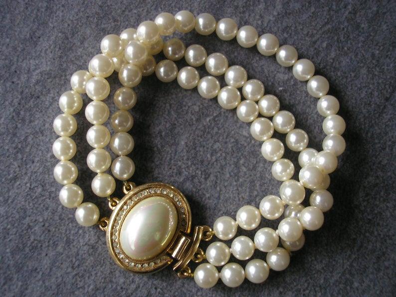 Mariage - Vintage Rosita Pearl Bracelet, 3 Strand Pearl Bracelet, Cream Pearl Bracelet, Bridal Bracelet, Pearl Cuff, Vintage Wedding