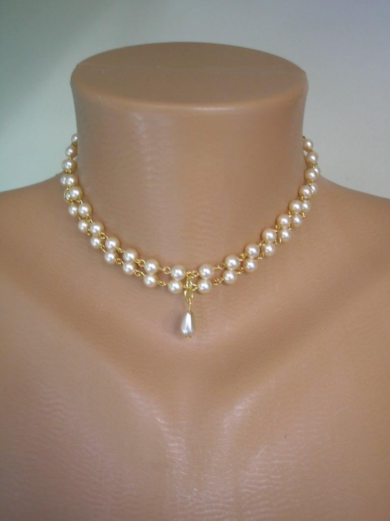 Mariage - 2 Strand Pearl Choker, Two Strand Pearls, Choice of Colours, Pearl Necklace, White Pearl Choker, Cream Pearls, Bridal Jewelry
