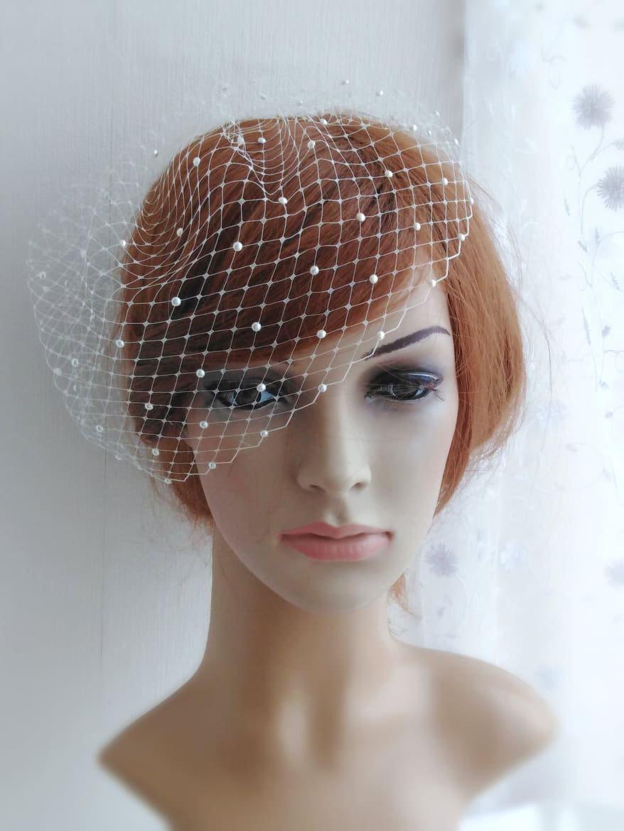 زفاف - Bridal birdcage veil with pearls, Wedding pearl blusher veil, Bird cage vail head piece, 9 Inch Birdcage Russian French Netting