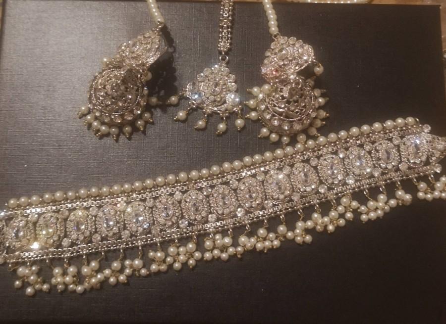 زفاف - Pakistani jewelry choker set  silver polish pearl beads earrings tikka wedding party