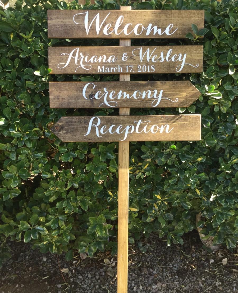Hochzeit - Directional Wedding Sign, Custom Sign, Welcome, Reception Sign, Dinner and Dancing, Backyard Wedding Sign, Rustic Stained, 4ft Stake