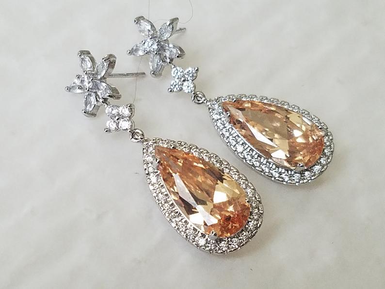 Hochzeit - Champagne Crystal Bridal Earrings, Champagne CZ Silver Teardrop Earrings, Light Peach Dangle Wedding Earrings, Statement Wedding Earrings