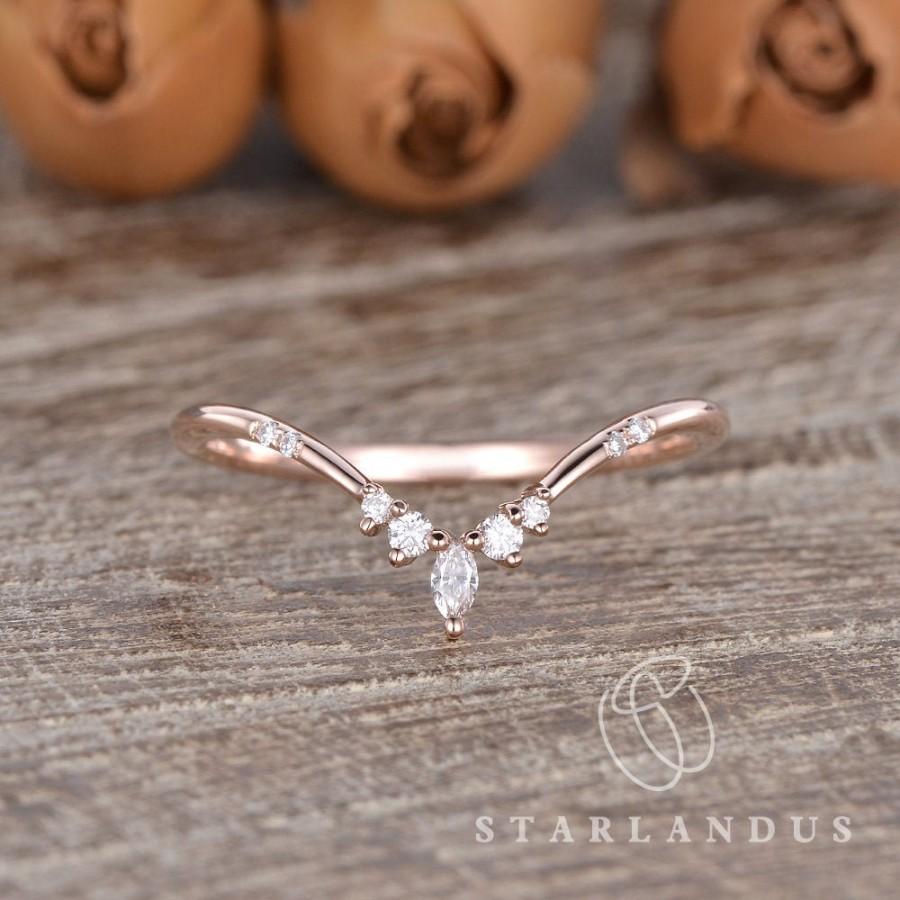 Hochzeit - Dainty Custom Fit Rose Gold Wedding Band Women Marquise Moissanite Wedding Band Cluster Ring Vintage Inspired Ring Promise Ring Chevron Ring