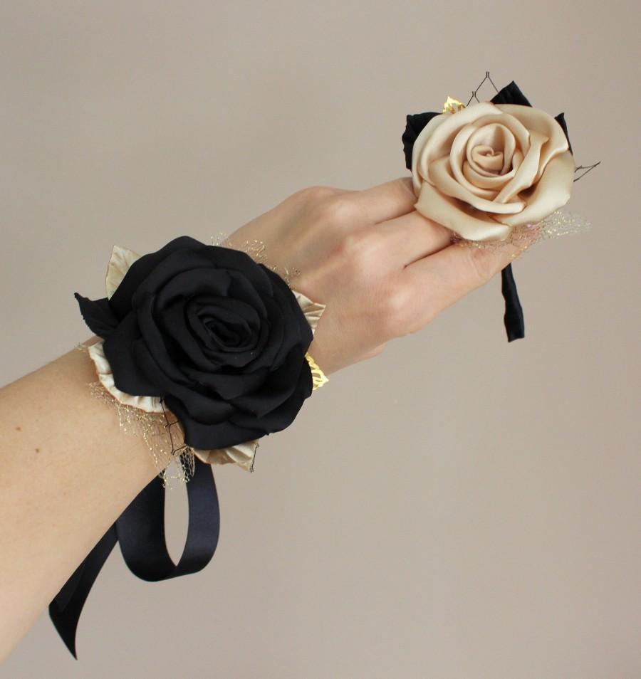 زفاف - Black gold Wrist Corsage boutonniere Set Fabric Wedding Flower Wrist Corsage Bridesmaid Corsage Groom Groomsmen Boutonnière Prom Corsage