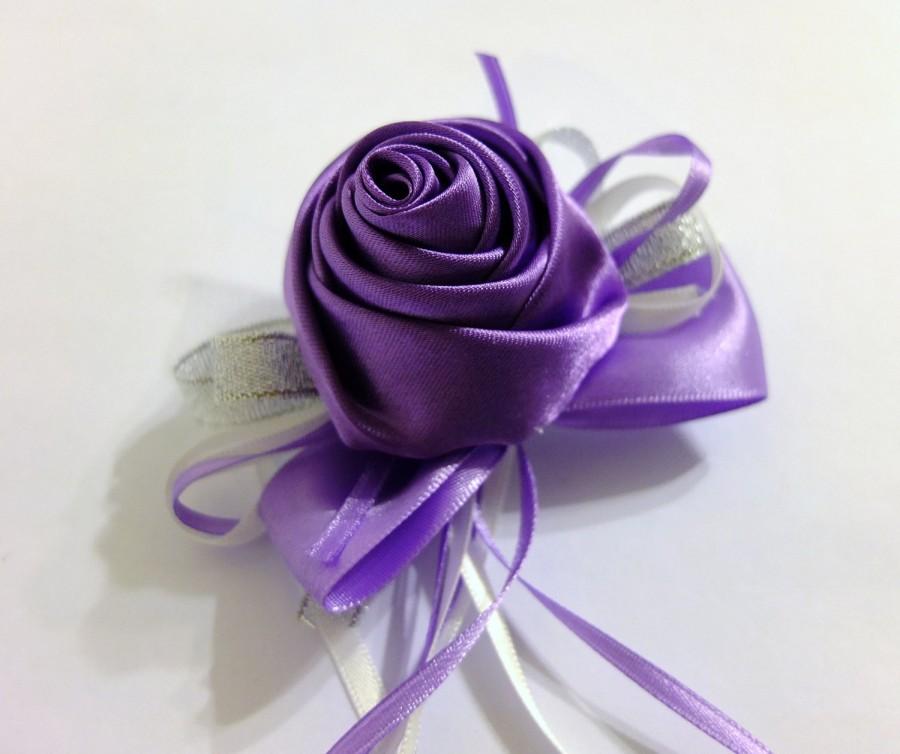 زفاف - Purple Boutonniere, Lilac Satin Rose Boutonniere,  Purple Ribbon Rose Boutonniere